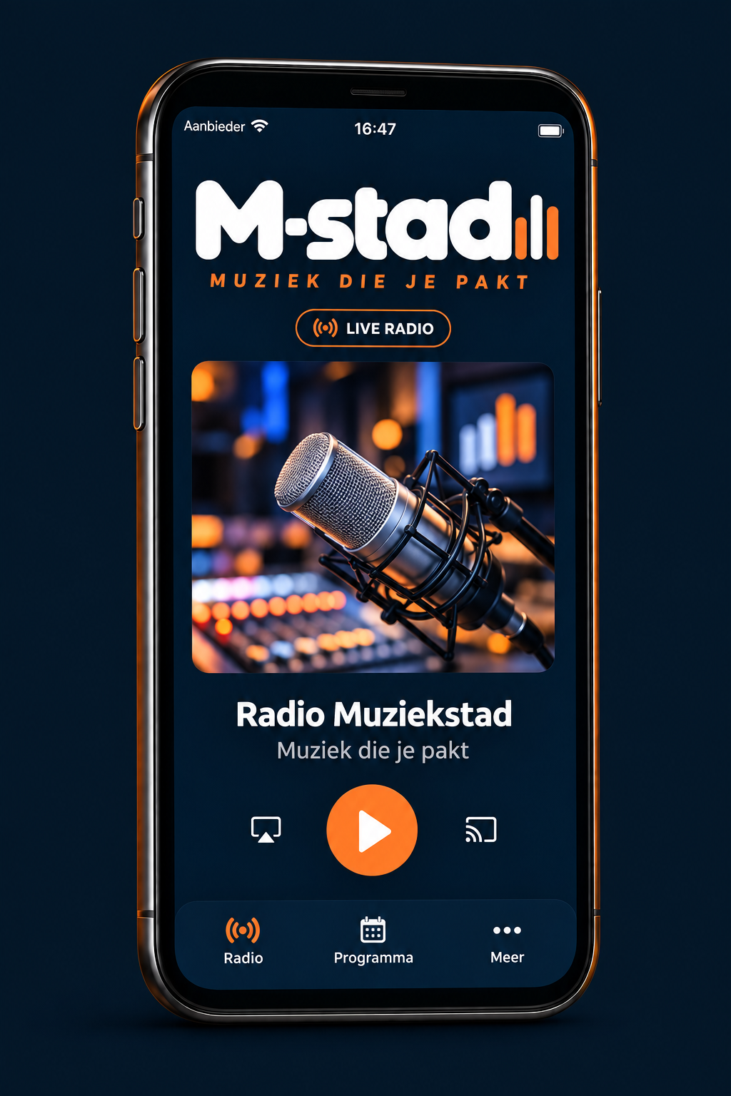 Een telefoon met M-stad in oranje en donkerblauw